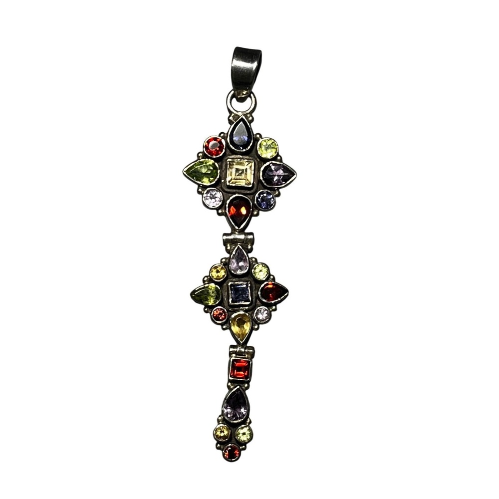 Sterling Silver Multi Gemstone Drop Pendant 925 Amethyst Peridot Garnet Boho